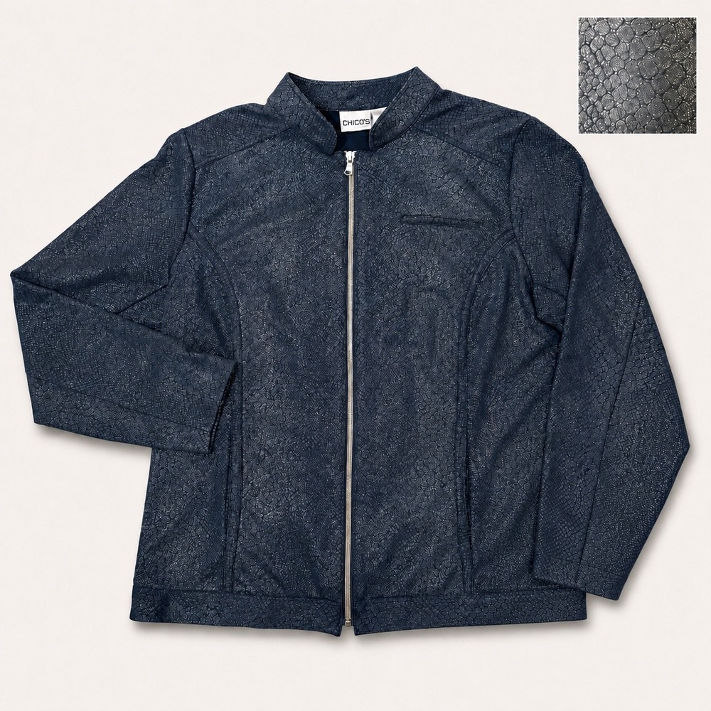 Chicos Metallic Snakeskin Print Moto Café Racer Jacket (2/LG) Navy Full Zip Mod